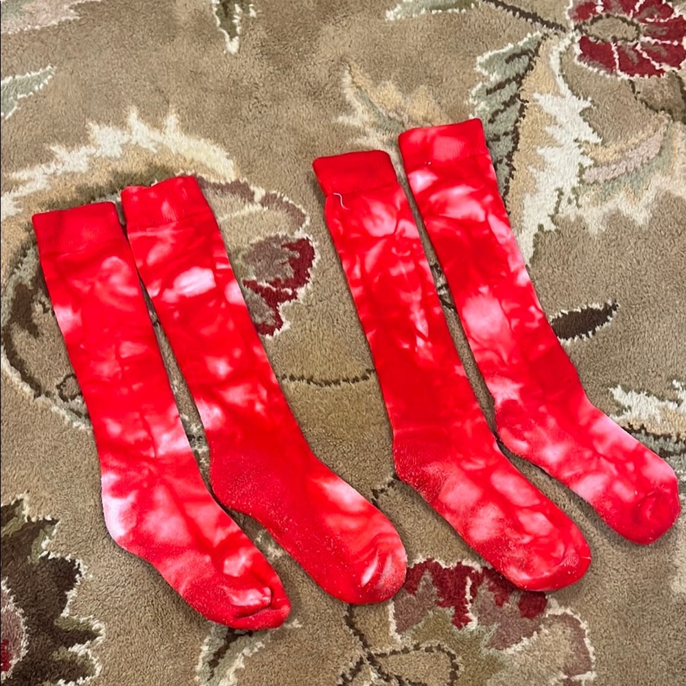 Two Pairs of Red Tie Dye Knee High Soccer Socks